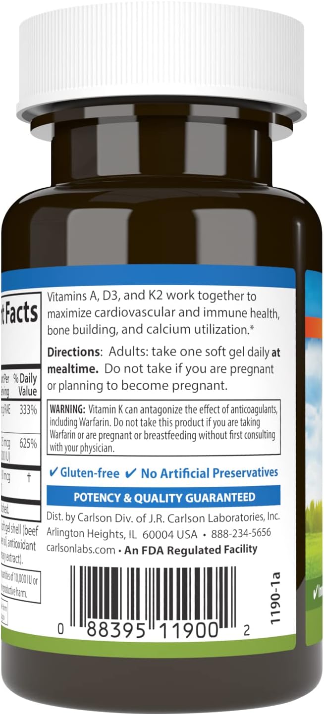 Carlson - Vitamins A, D3, K2, 3000 mcg RAE Vitamin A, 125 mcg Vitamin D3, 90 mcg Vitamin K2 as MK-7, Bone Building, Calcium Utilization, 60 Soft Gels