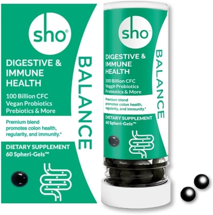 SHO Balance 100 Billion CFU Prebiotics & Probiotics – Supports Digestive & Gut Health – Vegan Supplement for Women & Men – Lactobacillus Casei | Shelf-Stable Bottle | 60 Pills