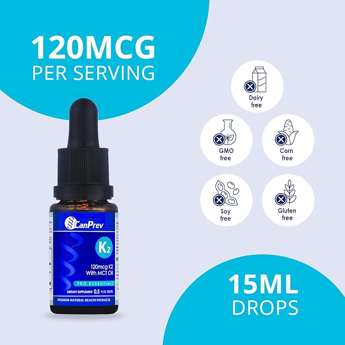 CanPrev K2 Drops, 15ml, 300 Servings, 30mcg MK-7 Vitamin K2 Liquid, Supports Strong Bones & Cardiovascular Wellness, Vegan, Unflavored Formula with MCT Oil for Optimal Calcium Utilization & Absorption