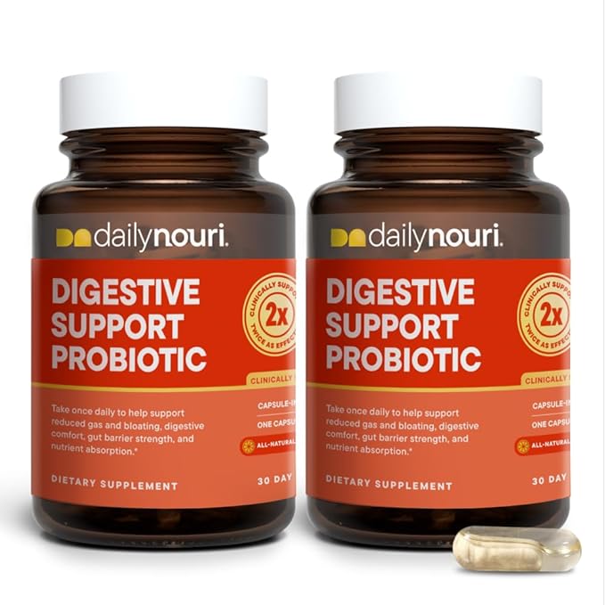 Daily Nouri Digestive Support Probiotic | Bloating & Gas Relief, Digestive Comfort, Gut Health | 3 Probiotic Strains & Vegan Omega Oil | 30-Day Supply