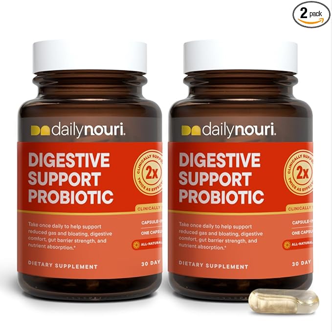 Daily Nouri Digestive Support Probiotic | Bloating & Gas Relief, Digestive Comfort, Gut Health | 3 Probiotic Strains & Vegan Omega Oil | 30-Day Supply