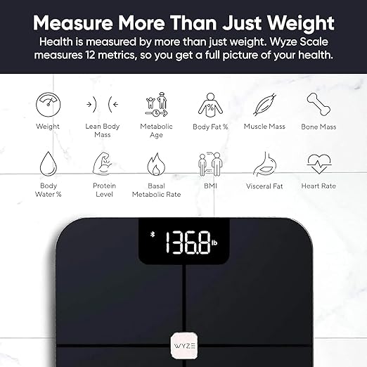 Wyze Smart Scale, Scale for Body Weight, Digital Bathroom Scale for Body Fat, BMI, and Heart Rate, Body Composition Analyzer with App, Batteries Included, Bluetooth, 400 lb, Black