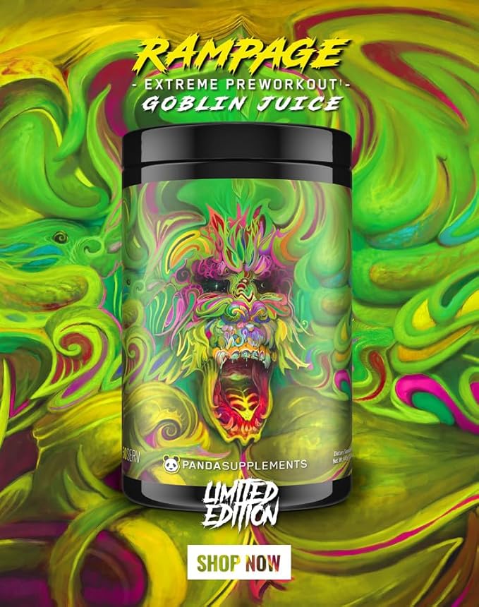 Underground Bio Labs™ Panda Supps: Rampage, Extreme Pre-Workout, High Stim, Maximum Pump, Focus, and Energy,(50 Servings) (Kiwi-Lychee-Pinapple Flavor AKA Goblin Juice)
