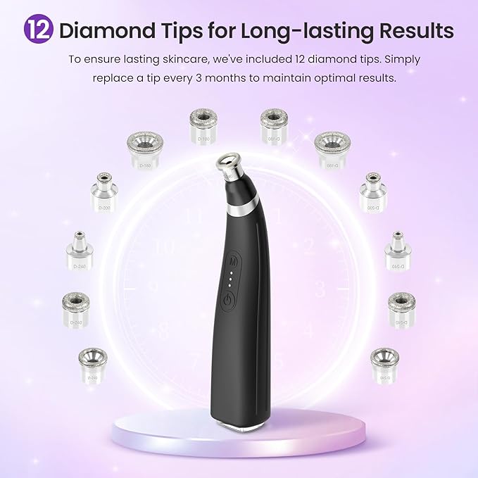 Diamond Microdermabrasion Machine, UNOISETION Rechargeable Micro Dermabrasion Facial Tool with 12 Diamond Tips, Blackhead Remover for Home Travel
