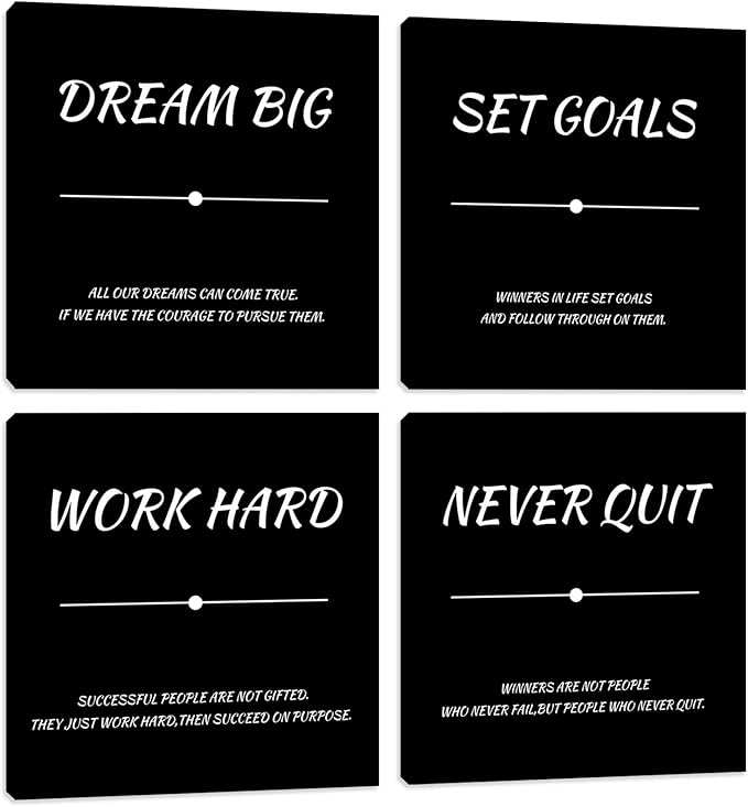Motivational Wall Decor Office Wall Decor Inspirational Wall Art Decor Canvas Wall Paintings 4 Pieces Framed Quotes Posters Picture Artwork Living Room Bedroom Home Decoration 12"x12"x4pcs