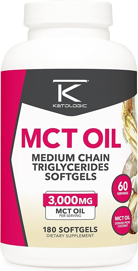Ketologic MCT Oil (180 Softgels) (60 Servings) (3,000MG MTC Oil per Serving) - Medium Chain Triglycerides