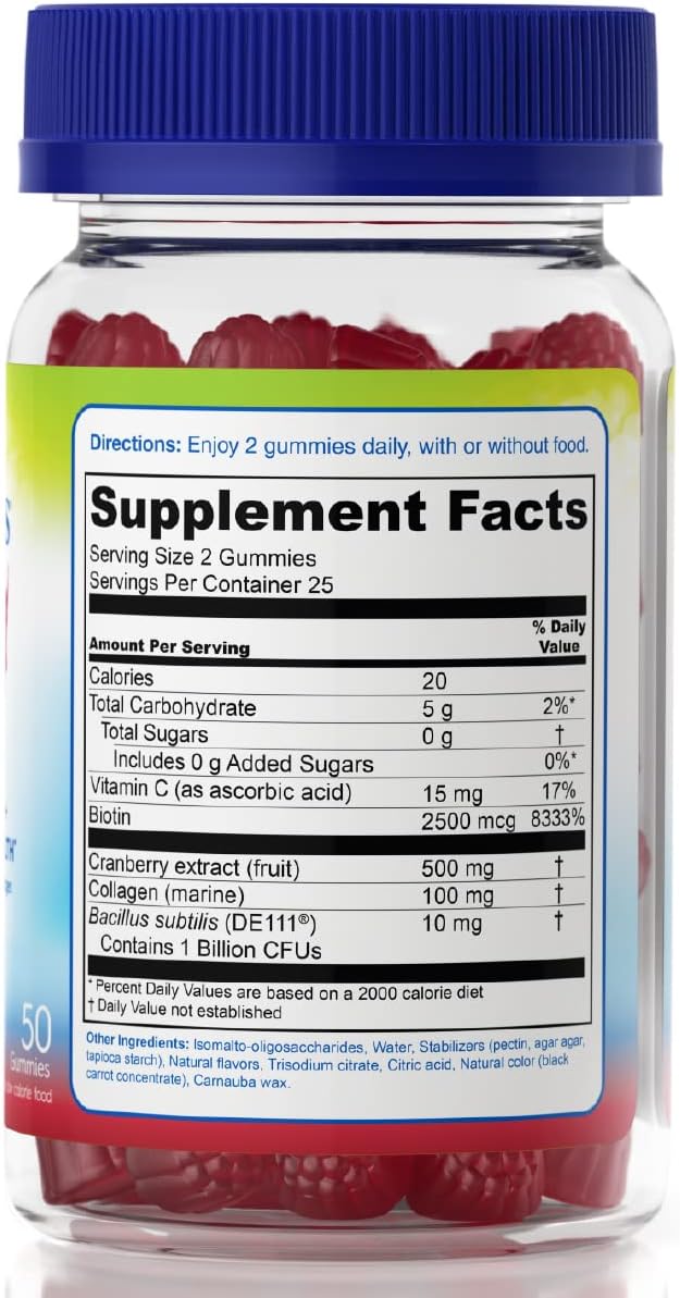 TruBiotics Probiotic Gummies with Collagen for Womens Digestive/Urinary/Hair/Skin/Nails Health, Sugar Free Prebiotics & Probiotics for Women, Collagen, Biotin, Vitamin C & Cranberry Extract, 50 Count