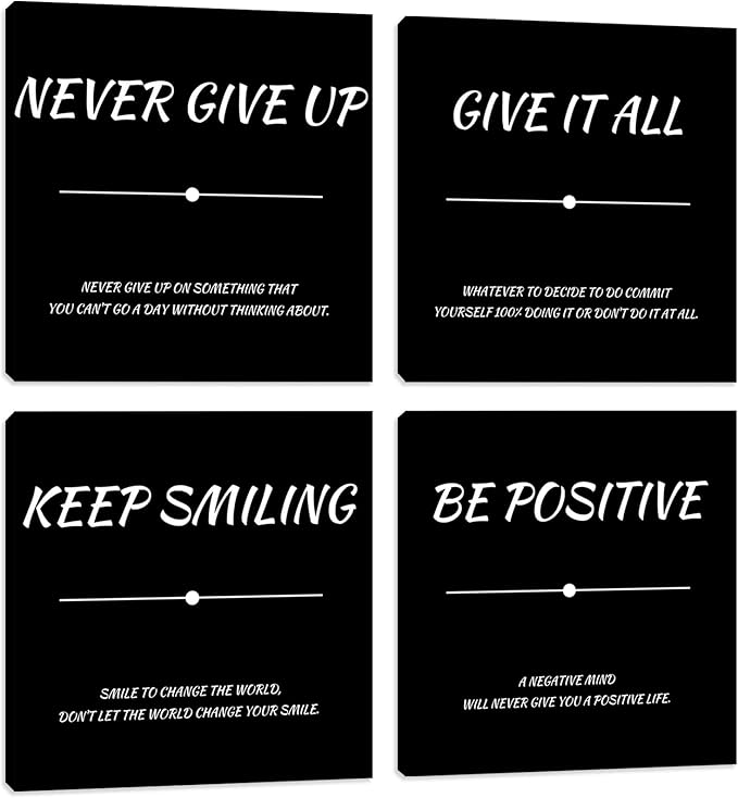 Motivational Poster Wall-Decor Black Inspirational Wall Art Office Wall Decor 4 Piece Positive Framed Canvas Wall Art for Bedroom Living Room Art Prints Decorations 16"x16"x4pcs