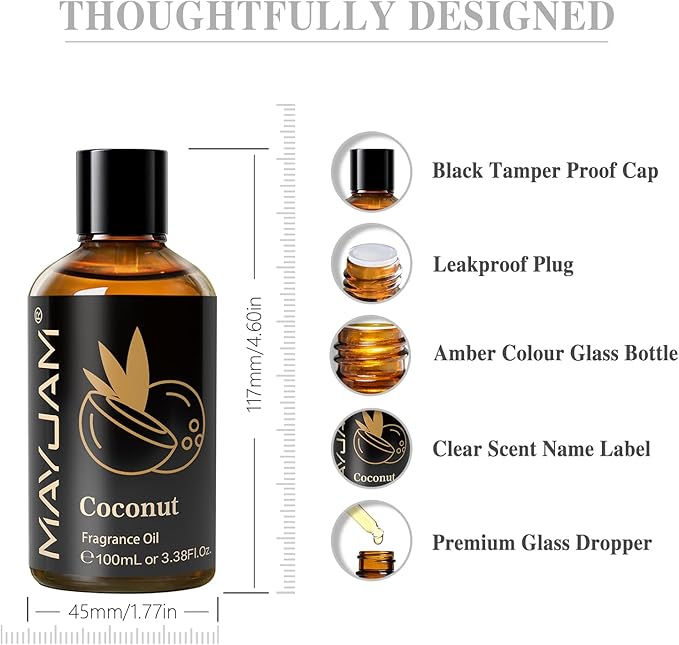 100ML/3.38FL.OZ Coconut Fragrance Oils with Glass Dropper, Essential Oils for Diffusers for Home, Long Lasting Scented Oils for Diffusers Soap Candle Making