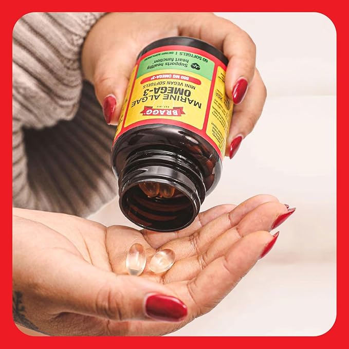 Bragg Omega-3 Supplement Capsules with DHA and EPA - 60 Vegan Softgels - Sustainably-Sourced Marine Algae - Supports Eye and Brain Health