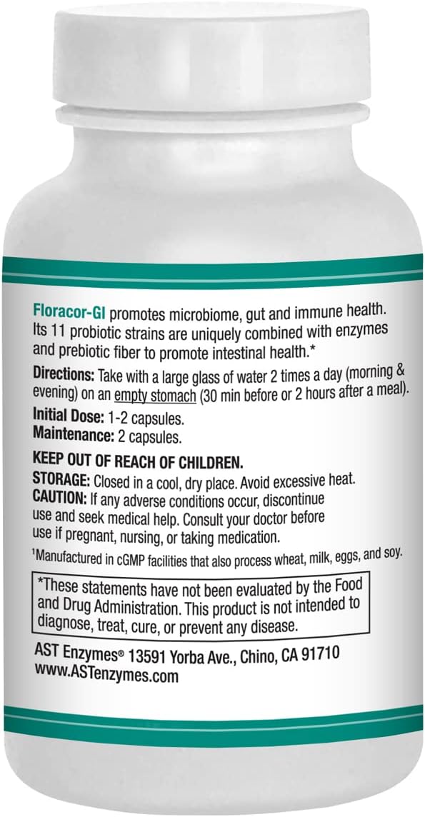 Floracor - Supports Gut & Intestinal Health - Premium Probiotic, Prebiotic and Enzyme Formula - 60 Vegetarian Capsules