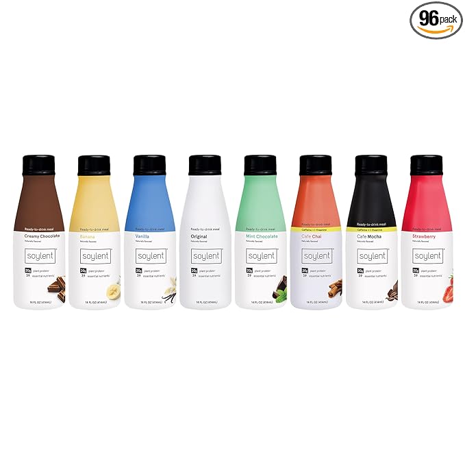 Soylent Meal Replacement Shake Variety Bundle - Creamy Chocolate, Original, Banana, Cafe Chai, Cafe Mocha, Vanilla, Strawberry and Mint Chocolate Flavors - 8 12-packs of 14 oz bottles - 96 total