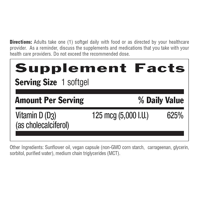 Country Life Vegan D3 5000 IU – Plant-Derived Vitamin D3 from Lichen – High Potency Immune & Bone Support – Certified Vegan, Gluten-Free, Non-GMO – 60 Softgels