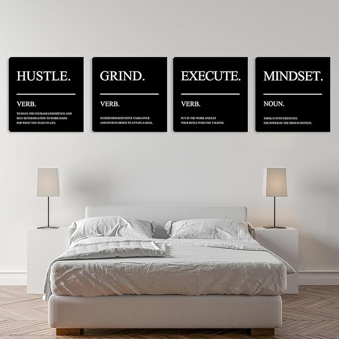 Inspirational Canvas Wall Art Quotes Motivational Hustle Wall Decor Office Print Pictures for Men Wall Decor Poster Framed Artwork Home Decor Ready to Hang 20"x20"x4pcs