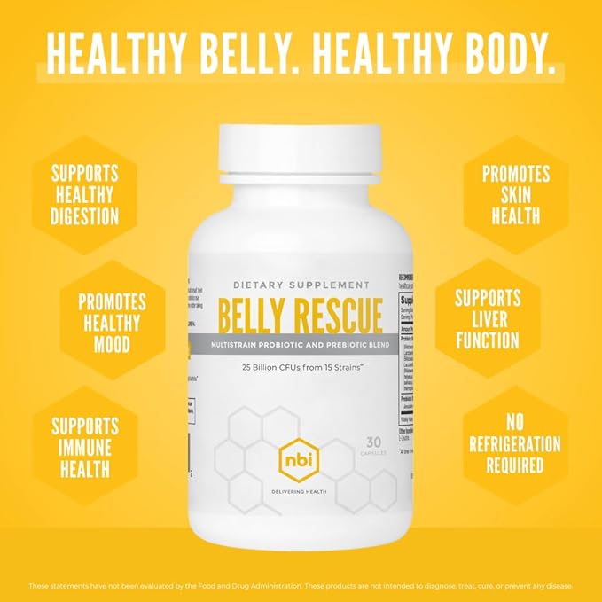 Belly Rescue: Probiotics & Prebiotics Blend for Women & Men, Once Daily for Digestive, Skin, and Immune Health, Shelf Stable