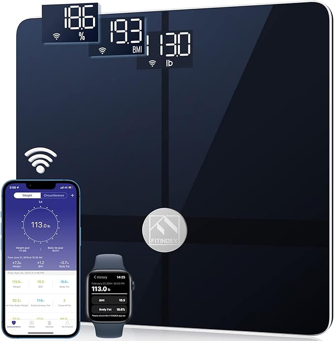 FITINDEX Wi-Fi Scale for Body Weight, Smart Scale with BMI, Body Fat, Muscle Mass, Digital, Bluetooth, Bathroom,13 Body Composition Analysis Health Monitor