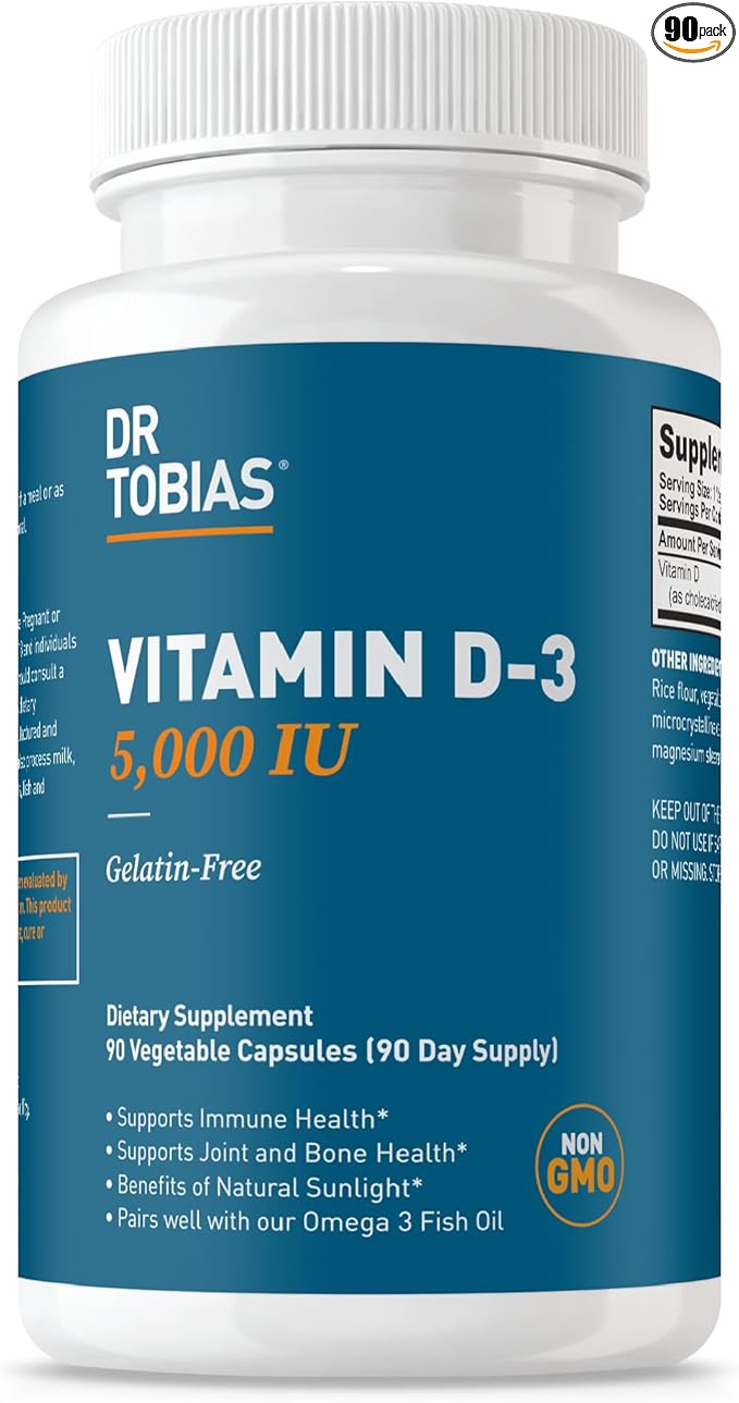 Dr. Tobias Vitamin D3 5000 IU, Essential for Healthy Bones, Teeth, and Immune System, Extra Strength Vitamin D Supplement, Non-GMO, 90 Capsules, 90 Servings