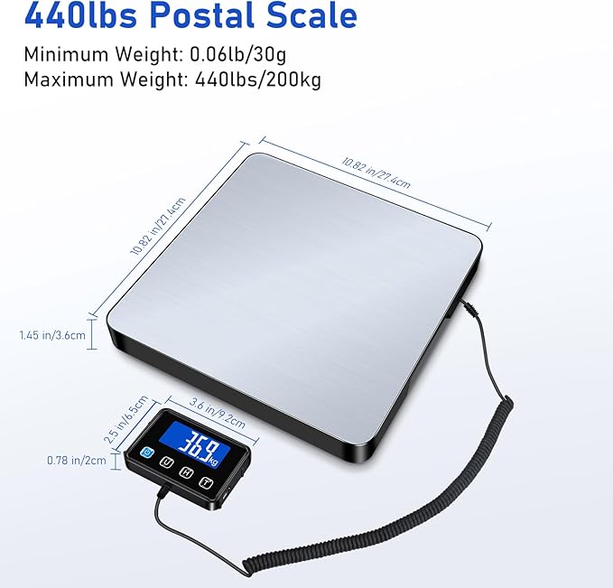 Shipping Scale, 440lb/0.5oz High Accuracy Digital Scale for Packages with Hold, Tare Function, Postal Scale for Small Business, Luggage, Home Use (Battery & Charging Cable Include)