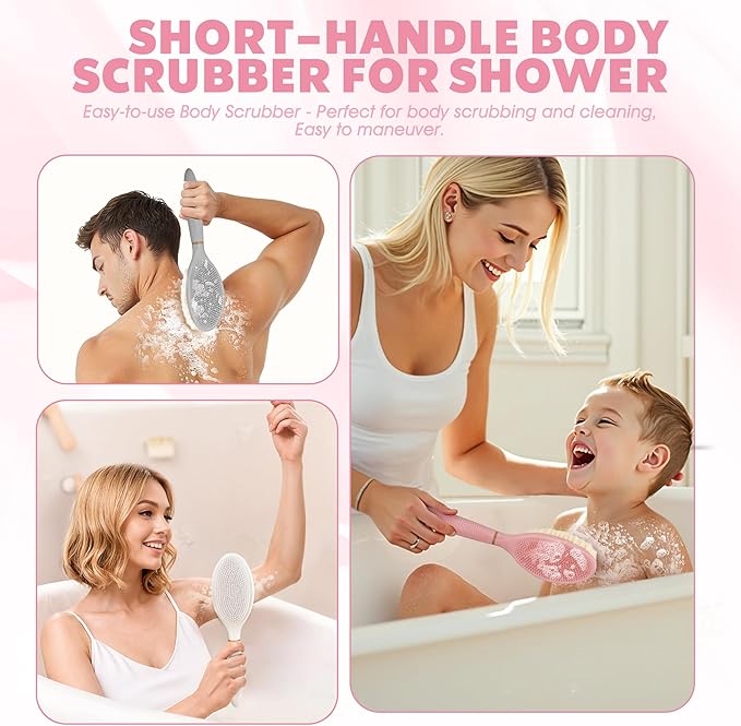 New Body Brush for Wet or Dry Brushing, Anti-Slip Corn-Handle Shower Brush with Large Dual-Side Head & Soft Bristles, Easy-to-use Bath Brushes for Lathering Cleansing(Pink-S)