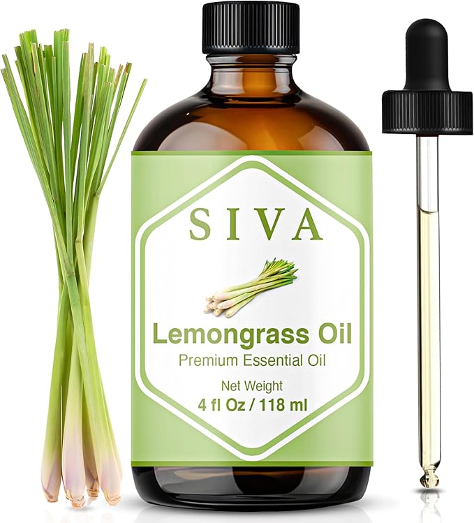 SIVA Lemongrass Essential Oil - 4 Fl Oz – Natural Lemongrass Oil - for Diffuser, Face, Skin Care, Aromatherapy, Hair Care, Scalp and Body Massage - with Dropper