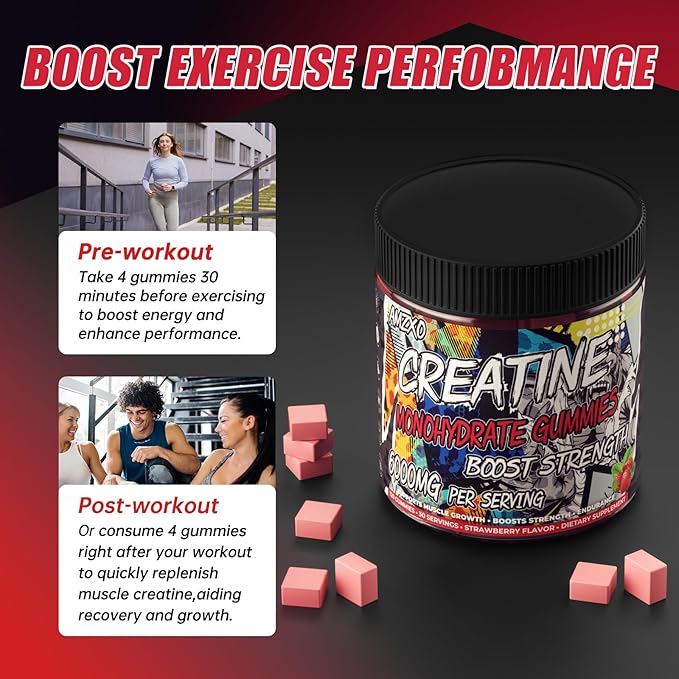 Creatine Monohydrate Gummies 6g for Men Women,Complex Creatine Monohydrate Chewable for Muscle Strength,Muscle Building,Energy Boost,Pre-Workout Energy Supplement,Vegan Strawberry - 120 Count