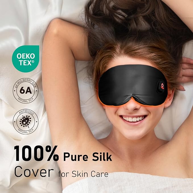 LitBear Heated Eye Mask, Silk Cordless Warm Eye Compress for Dry Eyes, Light Blocking Heat Eye Mask for Women Men, Soft Eye Heating Pad for Dry Eyes, Travel, Rechargeable, Washable Cover (Black)