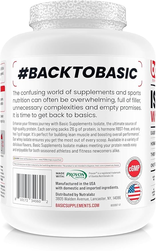 Basic Whey Protein Isolate, 26g Protein, 0g Fat, Gluten-Free, RBST-Free, Rapid Absorption, 110 Calories (5 Pound, Vanilla)