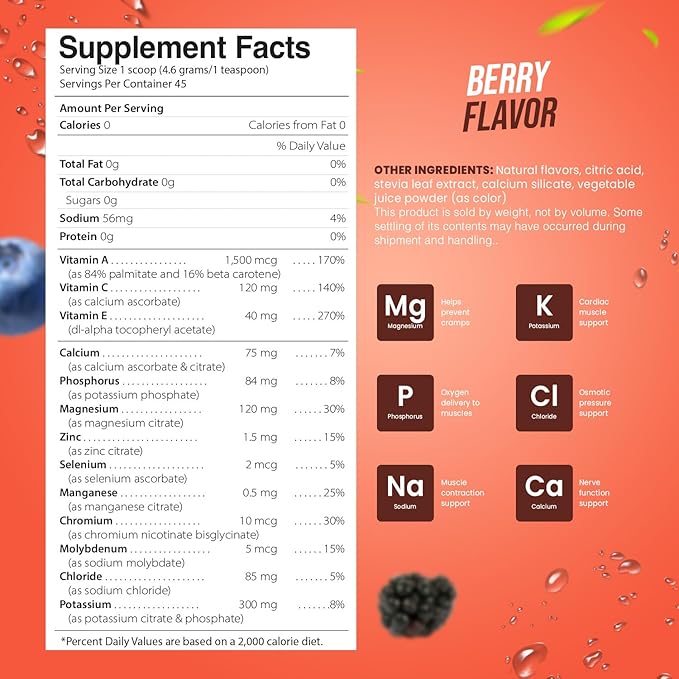 Electrolyte Powder - Refreshing Workout Recovery Electrolytes, Sugar Free, Gluten Free & Vegan, Pure Keto & Paleo Hydration Beverage, Immune Boosting Vitamins (198 Grams, Berry)