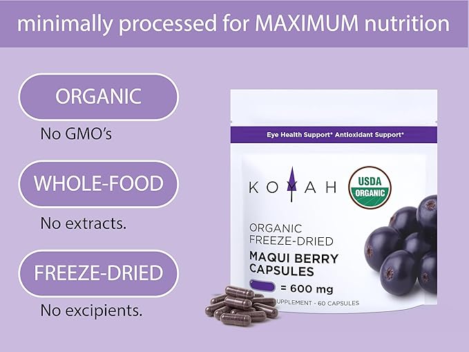 KOYAH Organic Maqui Berry Capsules - Freeze-Dried, Whole-Berry, 600 mg, Vegan, Gluten-Free, Non-GMO. Eye Health Support. Antioxidant Support. 60 Capsules