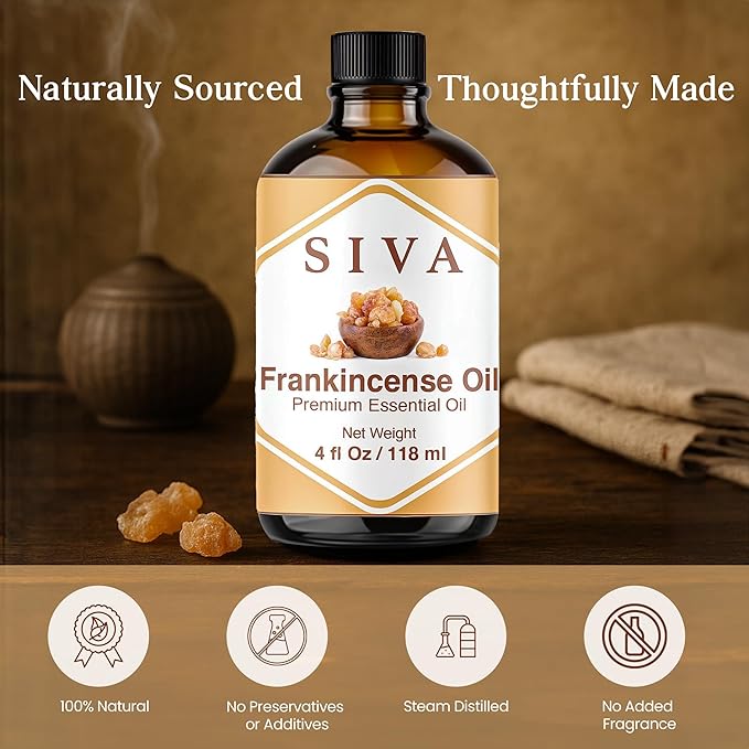 Siva Frankincense Essential Oil - 4 Fl Oz – Natural Boswellia Serrata Oil - for Diffuser, Face, Skin Care, Aromatherapy, Hair Care, Scalp and Body Massage - with Dropper