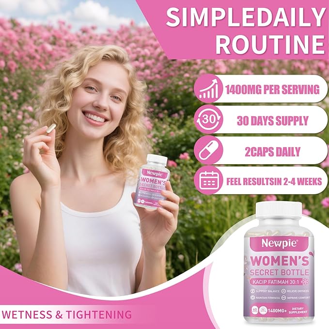 Vaginal Moisturizer Capsules Kacip Fatimah 1000mg, Manjakni 200mg & Slippery Elm Synergize to Moisturize, Tighten, Ease Vaginal Dryness, Maintain Elasticity & pH Balance. Vegan, 60 Capsules (1)