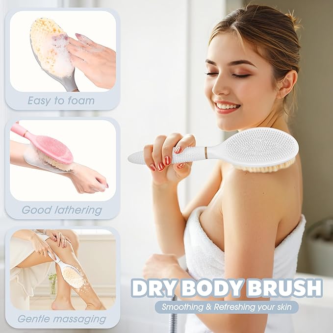 New Back Scrubber Anti-Slip for Shower, 18.9‘’ Adjustable Shower Back Scrubber with Dual-Side Head & Soft Bristles, Extra-Long Shower Brush Bath Brush for Lathering Cleansing(White-L)
