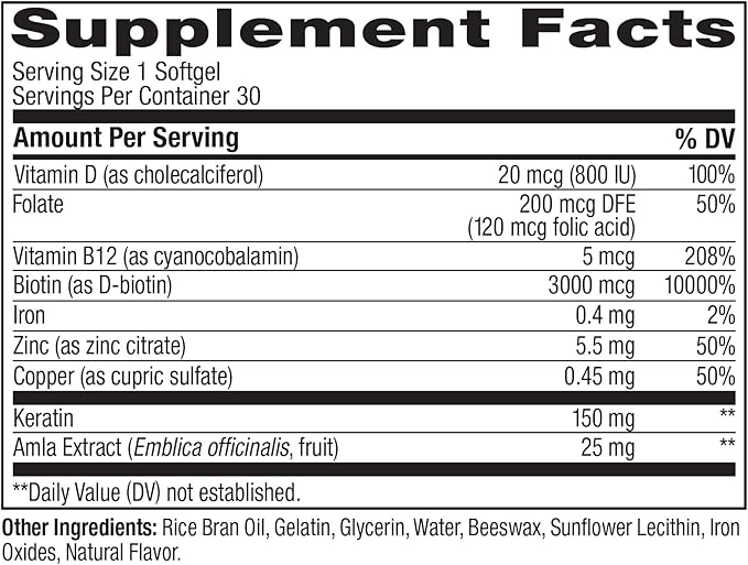 OLLY Ultra Strength Hair Softgels, Supports Hair Health, Biotin, Keratin, Vitamin D, B12, Hair Supplement, 30 Day Supply - 30 Count (Packaging May Vary)