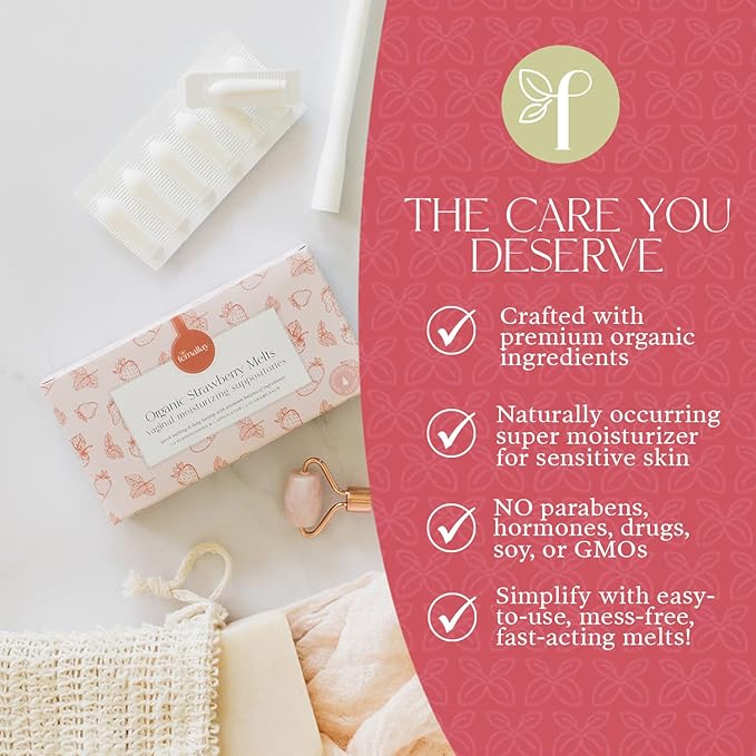 Femallay Organic Vaginal Moisturizing Suppository Melts - 100% Natural Suppositories for Vaginal Odor and Dryness Relief, Ultra-Hydrating Fast-Acting Comfort (Strawberry)