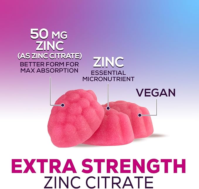 Zinc Supplement 50mg Gummies for Adults - Max Strength Skin Health & Immune Support Gummy, Vegan, Non-GMO & Gluten Free, Nature’s Antioxidant & Bone Health Chewable Tasty Berry Flavor - 60 Gummies
