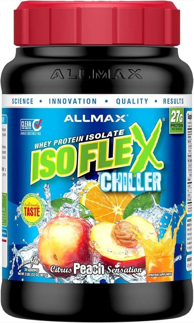 ALLMAX Nutrition ISOFLEX Chiller, Citrus Peach Sensation - 2 lb - 27 Grams of Protein Per Scoop - Zero Fat & Sugar - 99% Lactose Free - Approximate 28 Servings
