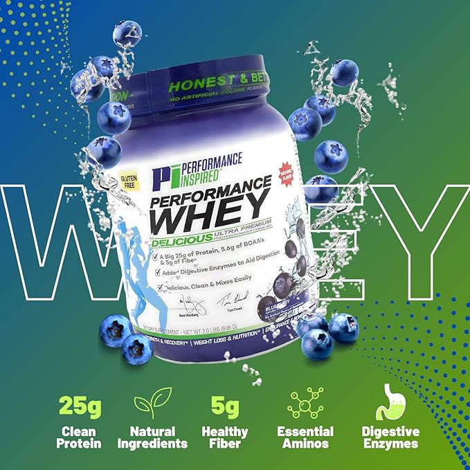 PERFORMANCE INSPIRED Nutrition WHEY Protein Powder – All Natural – 25G Protein – BCAAs – Digestive Enzymes – Fiber Packed – Blueberry – 2lb