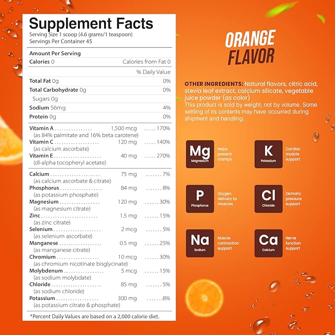Electrolyte Powder - Refreshing Workout Recovery Electrolytes, Sugar Free, Gluten Free & Vegan, Pure Keto & Paleo Hydration Beverage, Immune Boosting Vitamins (198 Grams, Orange)