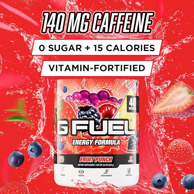 G Fuel Fruit Punch Energy Drink Powder, Pre Workout Caffeine Mix for Gaming, Sugar Free Focus Amino, Vitamin + Antioxidants, 9.9oz (Fruit Punch, 40 Servings)
