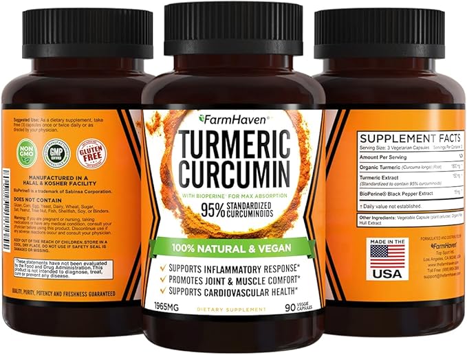 Turmeric Curcumin with BioPerine Black Pepper & 95% Curcuminoids, 1965mg, Maximum Absorption for Joint Support, Non-GMO Turmeric Capsules, Made in USA - 90 Veg Caps