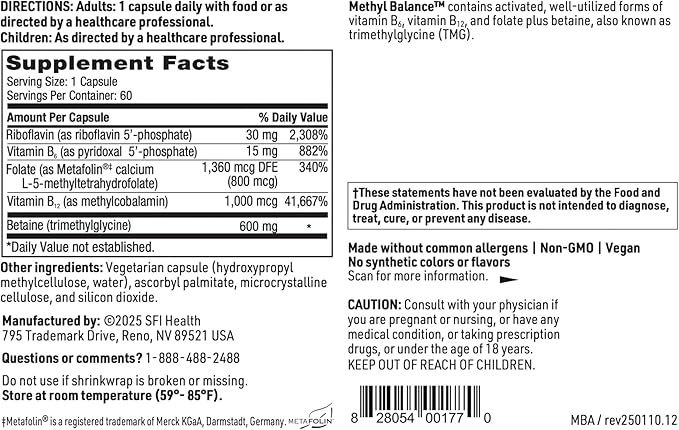Klaire Labs SFI Health Methyl Balance - Activated Vitamin B + Trimethyglycine Supplement - Metafolin Methyl Folate, Betaine TMG, Vitamin B2, B6 & 12 - Support Healthy Energy Levels (60 Capsules)
