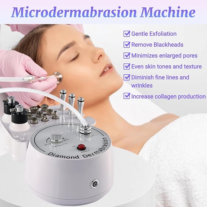Diamond Microdermabrasion Machine, 64cmHg Suction Power Professional 3 in 1 Dermabrasion Facial Skin Care Device with Spray Bottle and Vacuum Glass Tube, Beauty Equipment for Salon Personal Home Use