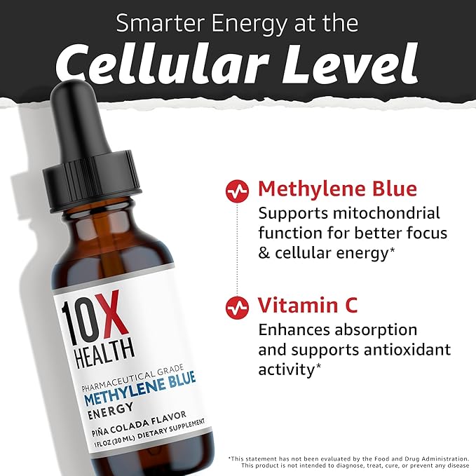 10X Health Methylene Blue Drops with Black Pepper Extract - 30ml Methylene Blue Pharmaceutical Grade Liquid - Boost Energy, Enhance Focus & Cognitive Support - Pina Colada Flavor, Vegan, Non-GMO