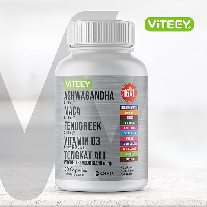 Viteey Ashwagandha Maca Fenugreek Supplement with Tongkat Ali – Drive, Passion & Energy Support for Men & Women – Mood, Calm & Stress Support - 60 Capsules