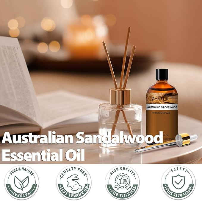 Australian Sandalwood Essential Oil, Pure Premium Natural Oil for Hair Care, Body Skin Care, Aromatherapy, DIY Candle, Soap Making 3.38Fl Oz