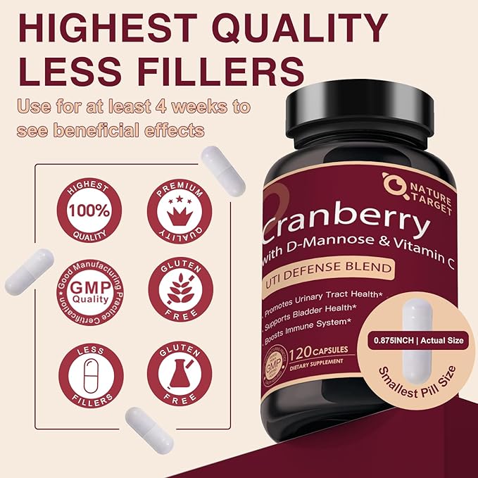NATURE TARGET Cranberry Pills with D-Mannose for Women - Super Strength 80:1 Extract - Cranberry Supplement 16800 mg with Vitamin C, Supports Urinary Tract Health, Bladder Control, 120 Veggie Capsules