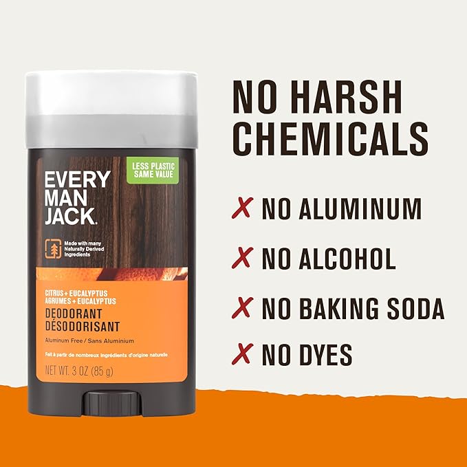 Every Man Jack Citrus + Eucalyptus Men’s Deodorant - Stay Fresh with Aluminum Free Deodorant For all Skin Types - Odor Crushing, Long Lasting, with Naturally Derived Ingredients - 3oz (2 Pack)