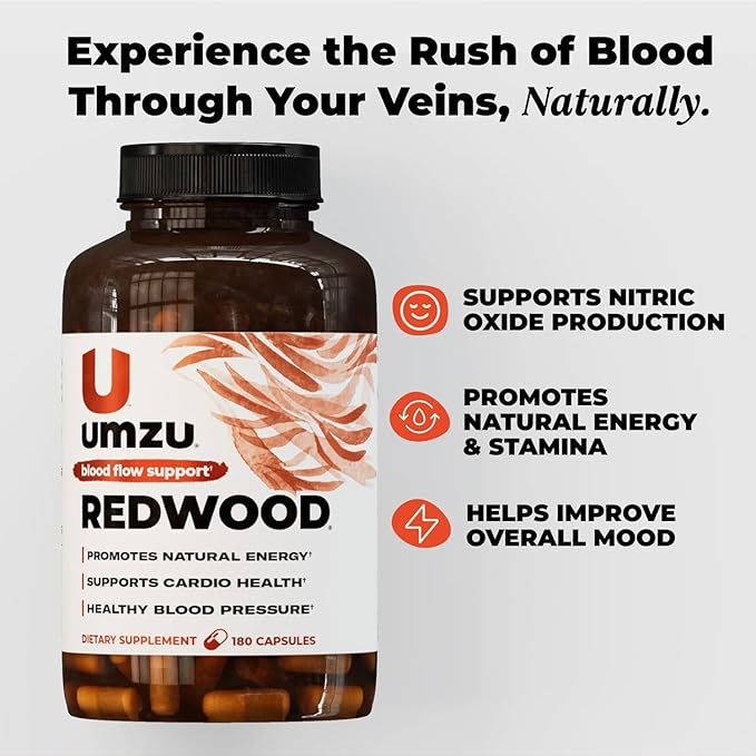 UMZU Redwood Blood Flow Nitric Oxide Supplement for Men & Women, Blood Pressure, Circulation, Stamina, Energy (1-Month Supply | 180 Capsules)