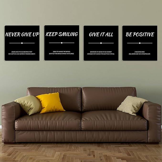 Motivational Poster Wall-Decor Black Inspirational Wall Art Office Wall Decor 4 Piece Positive Framed Canvas Wall Art for Bedroom Living Room Art Prints Decorations 16"x16"x4pcs