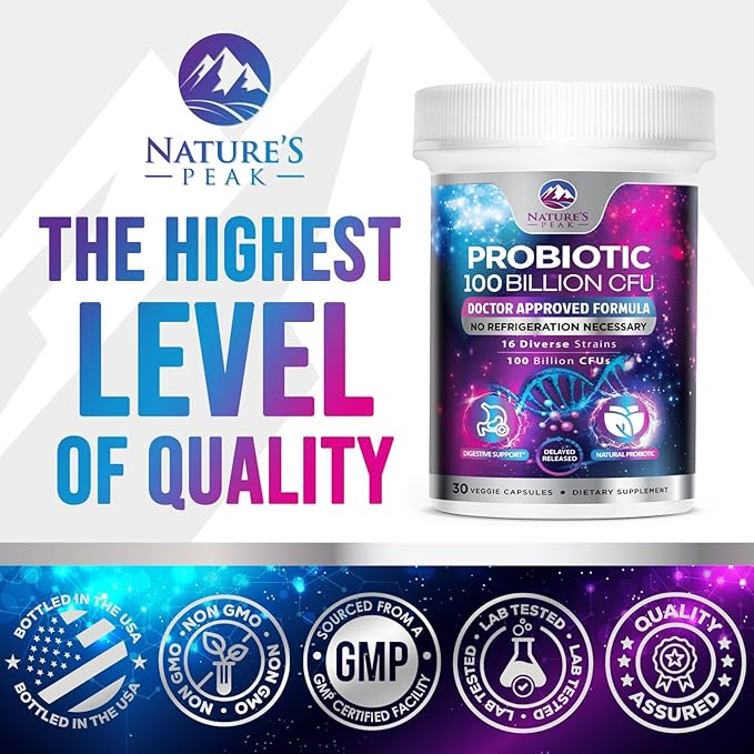 Probiotics 100 Billion CFU Supplement - 16 Strains + Natural Prebiotics - Digestive Health, Gut & Immune Support for Women & Men - Supports Occasional Constipation, Gas & Bloating - 30 Capsules